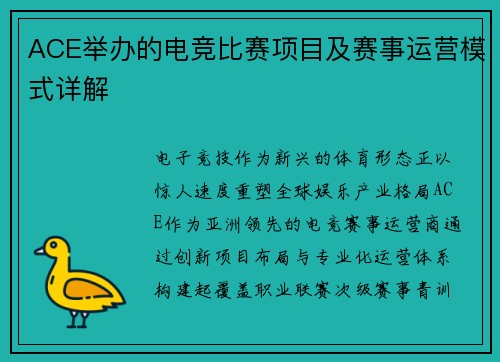 ACE举办的电竞比赛项目及赛事运营模式详解