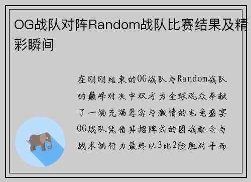 OG战队对阵Random战队比赛结果及精彩瞬间