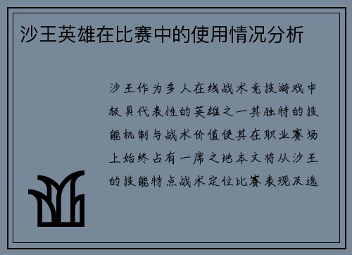 沙王英雄在比赛中的使用情况分析